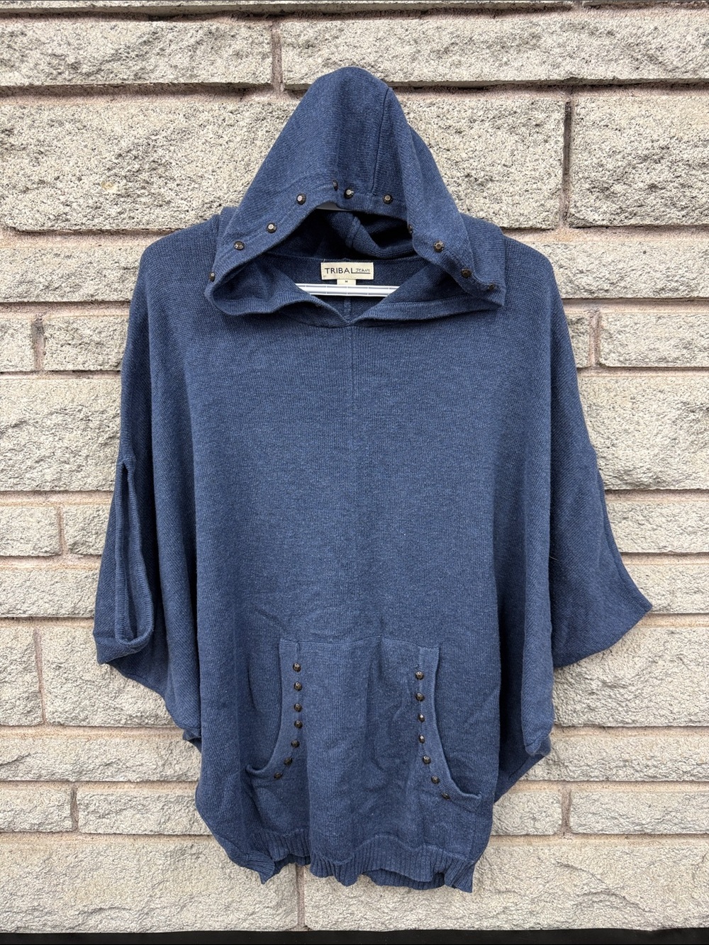 Tribal Hooded Poncho Sweater in Navy Blue